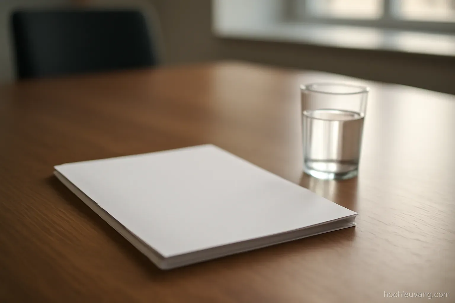 a printed report with a blank cover lying on a conference table beside a water glass