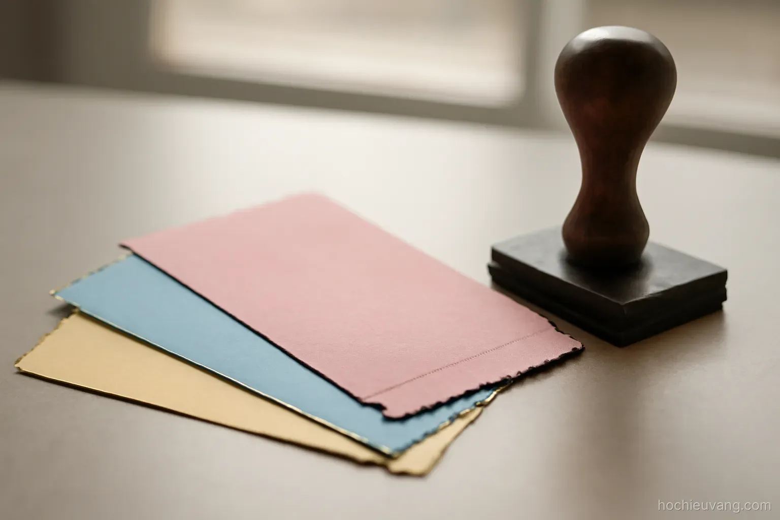 three different coloured paper tickets fanned out on a counter beside a rubber stamp