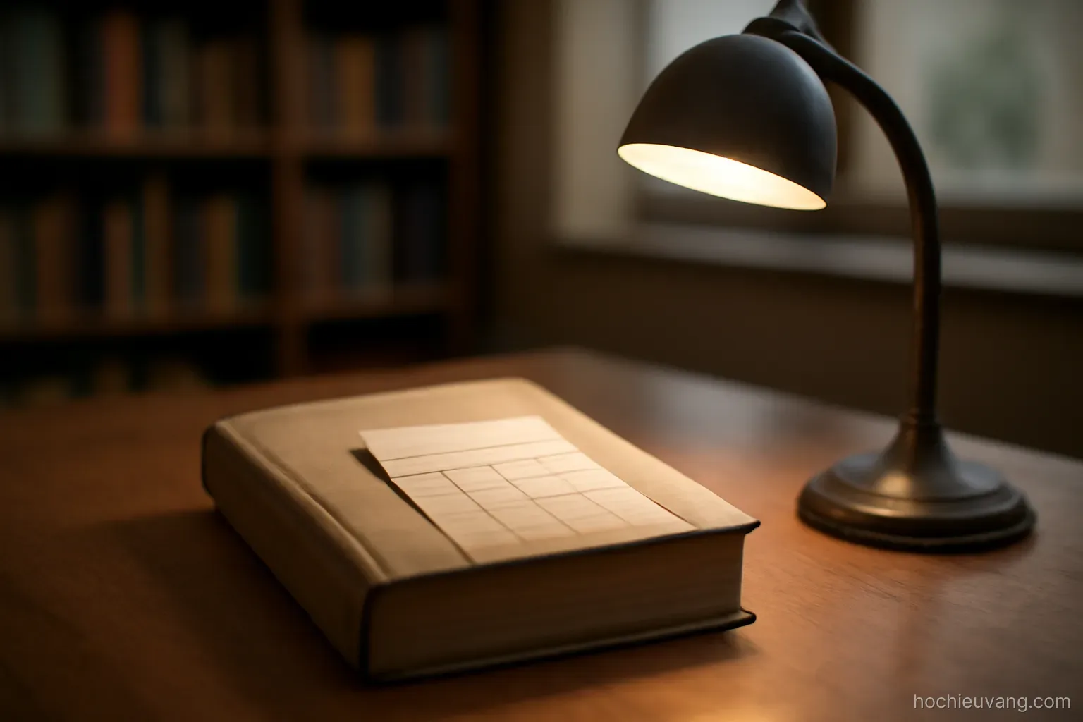 a library book with a date slip in the back pocket lying on a reading desk under a lamp