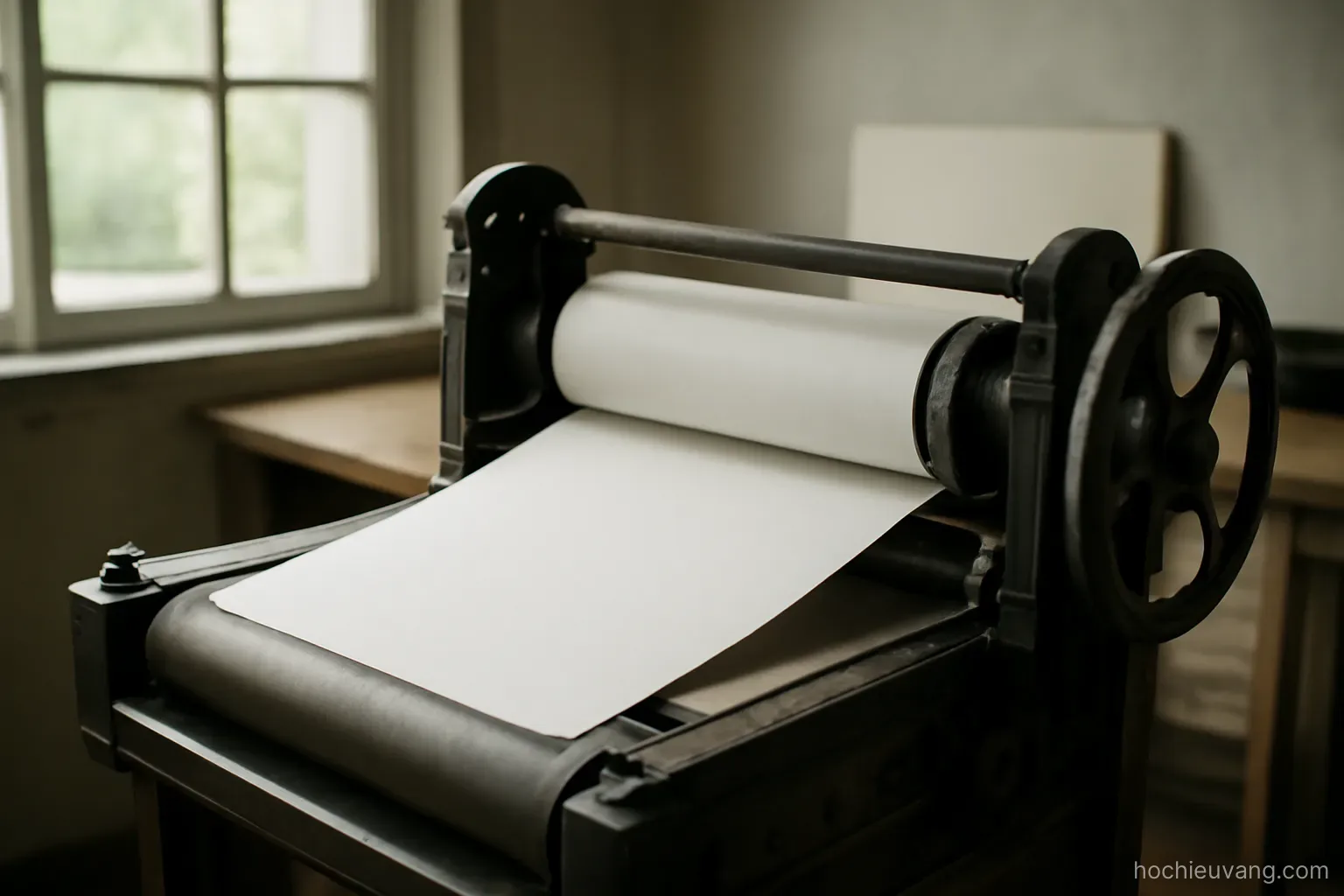 a printing press roller with blank paper feeding through it in a quiet workshop