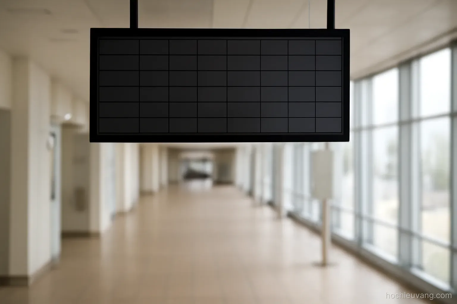 a departures board frame with no text and an empty corridor leading back toward the gates