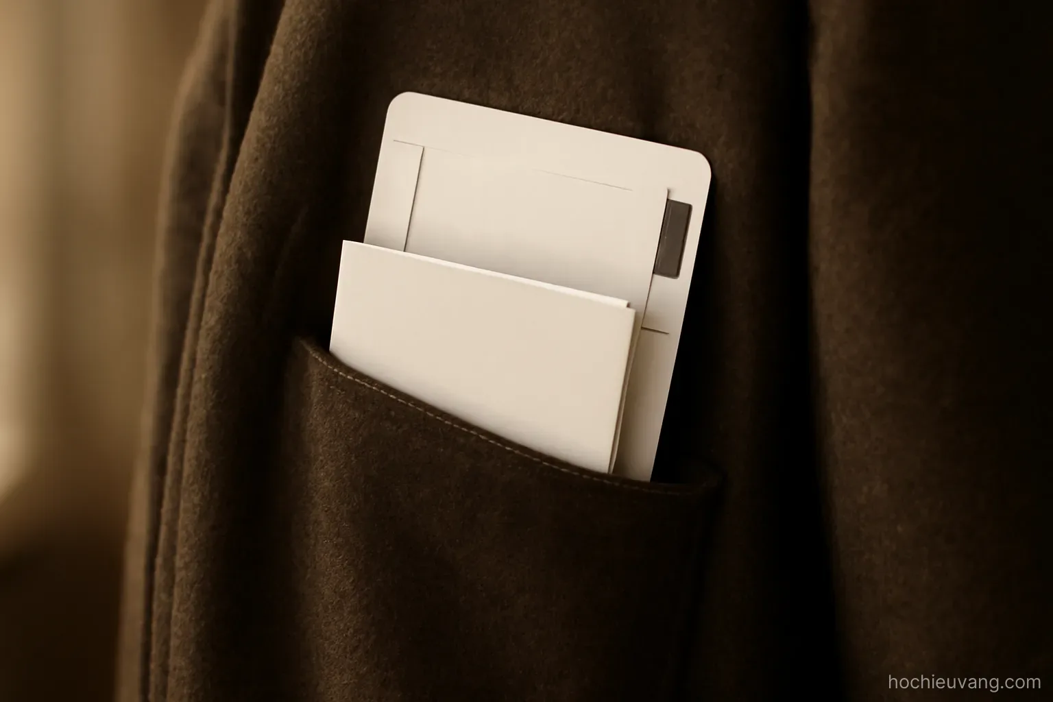 a jacket inner pocket with the corner of one booklet visible and a boarding pass tucked beside it