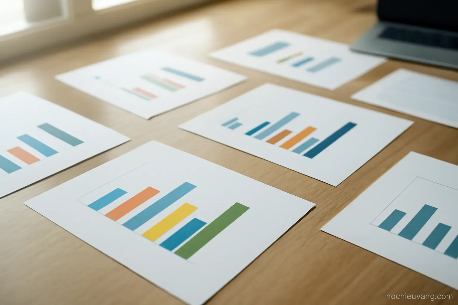 several bar charts of different shapes printed on separate sheets spread across a wide desk