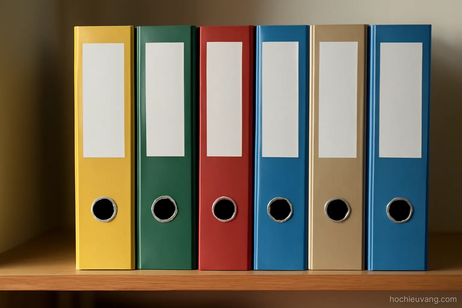several stacked folders of different colours on a shelf with printed spine labels left blank