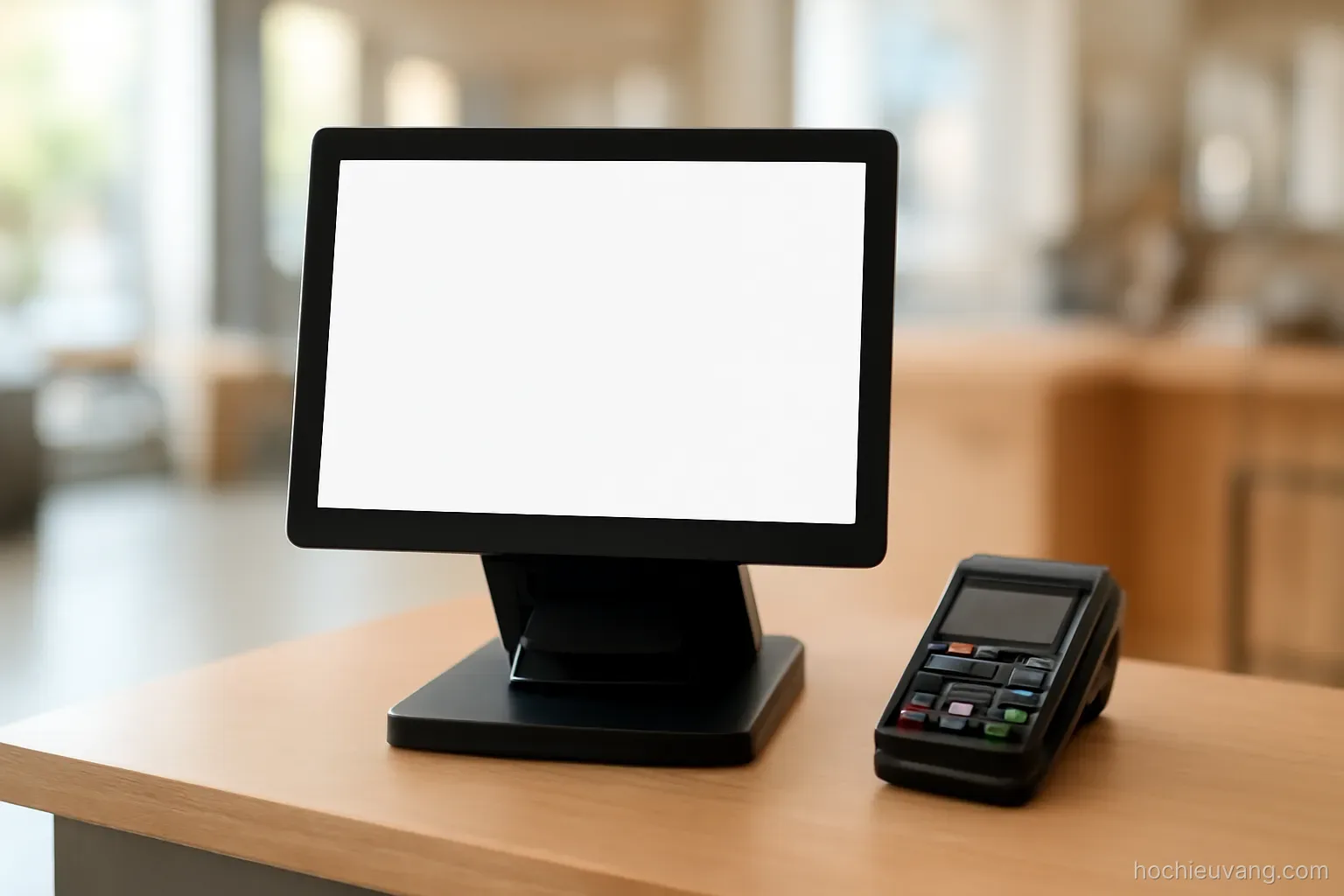 a computer monitor turned away from the viewer on a counter with a card reader beside it