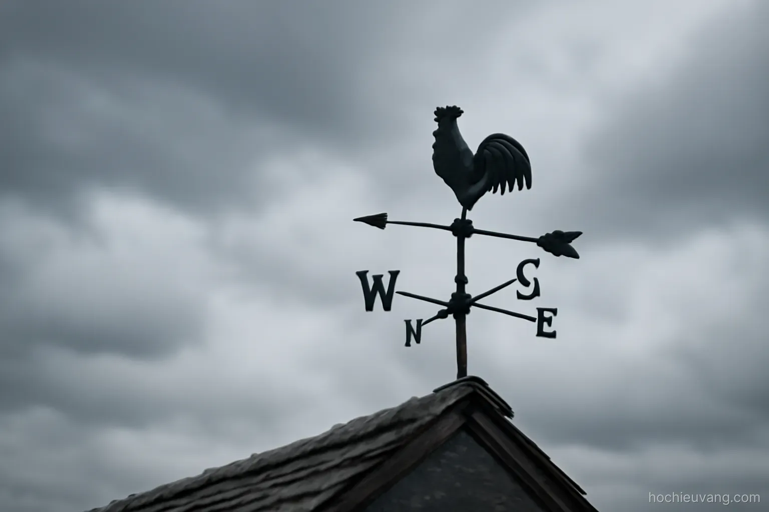 a weather vane on a rooftop against an overcast sky with clouds moving in one direction
