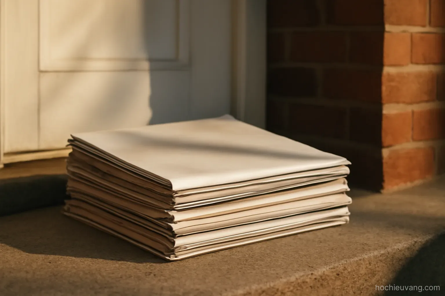 a stack of newspapers on a doorstep with blank front pages and morning shadows across them