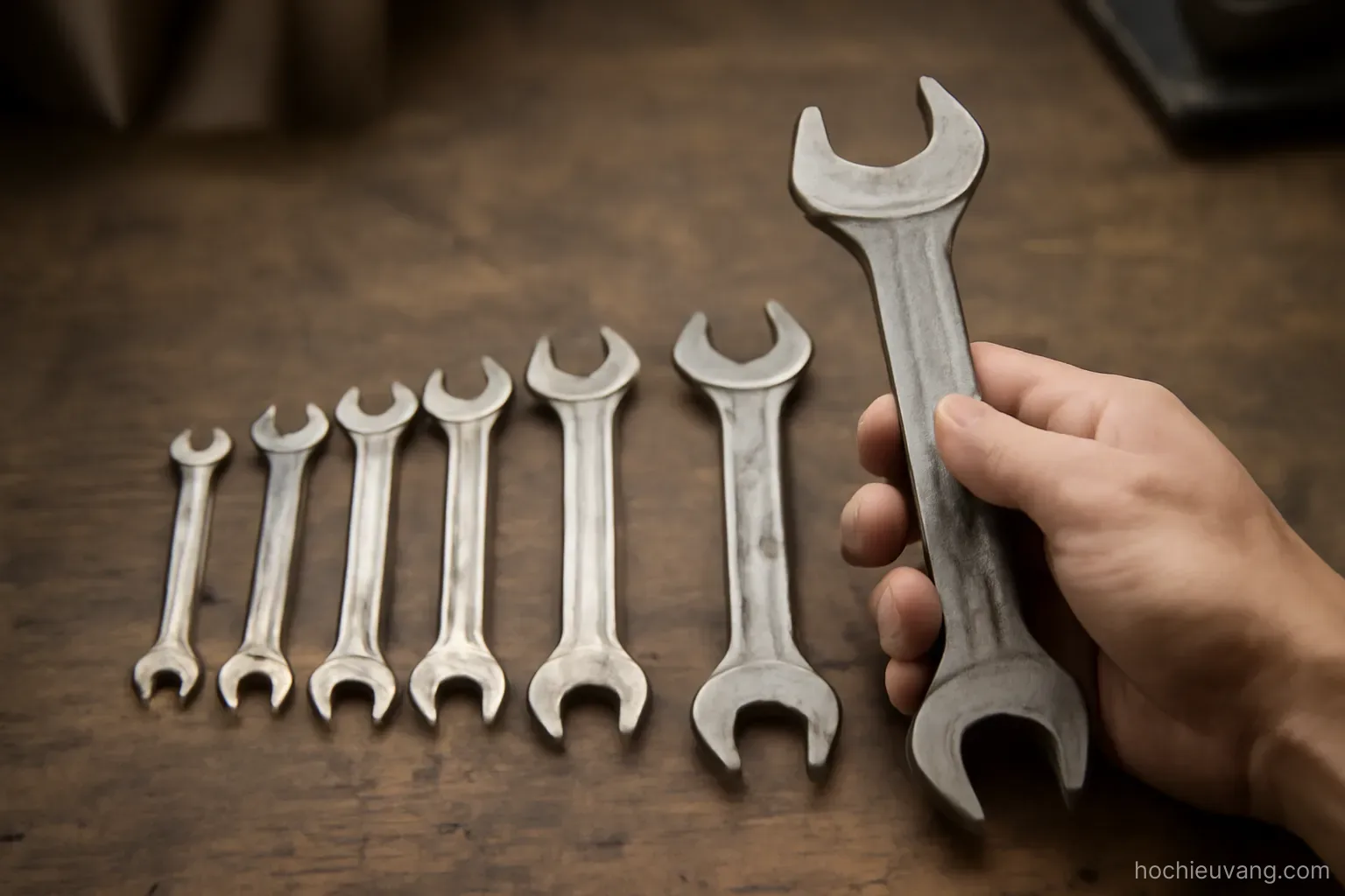 a set of different sized wrenches laid out in order on a workbench with one picked up