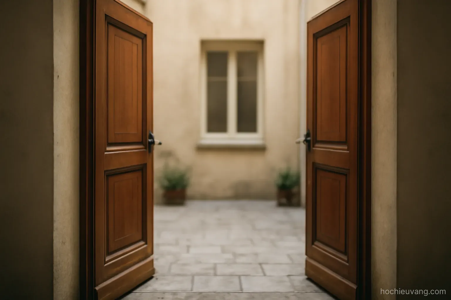 two identical wooden doors facing each other across a narrow courtyard, both slightly open