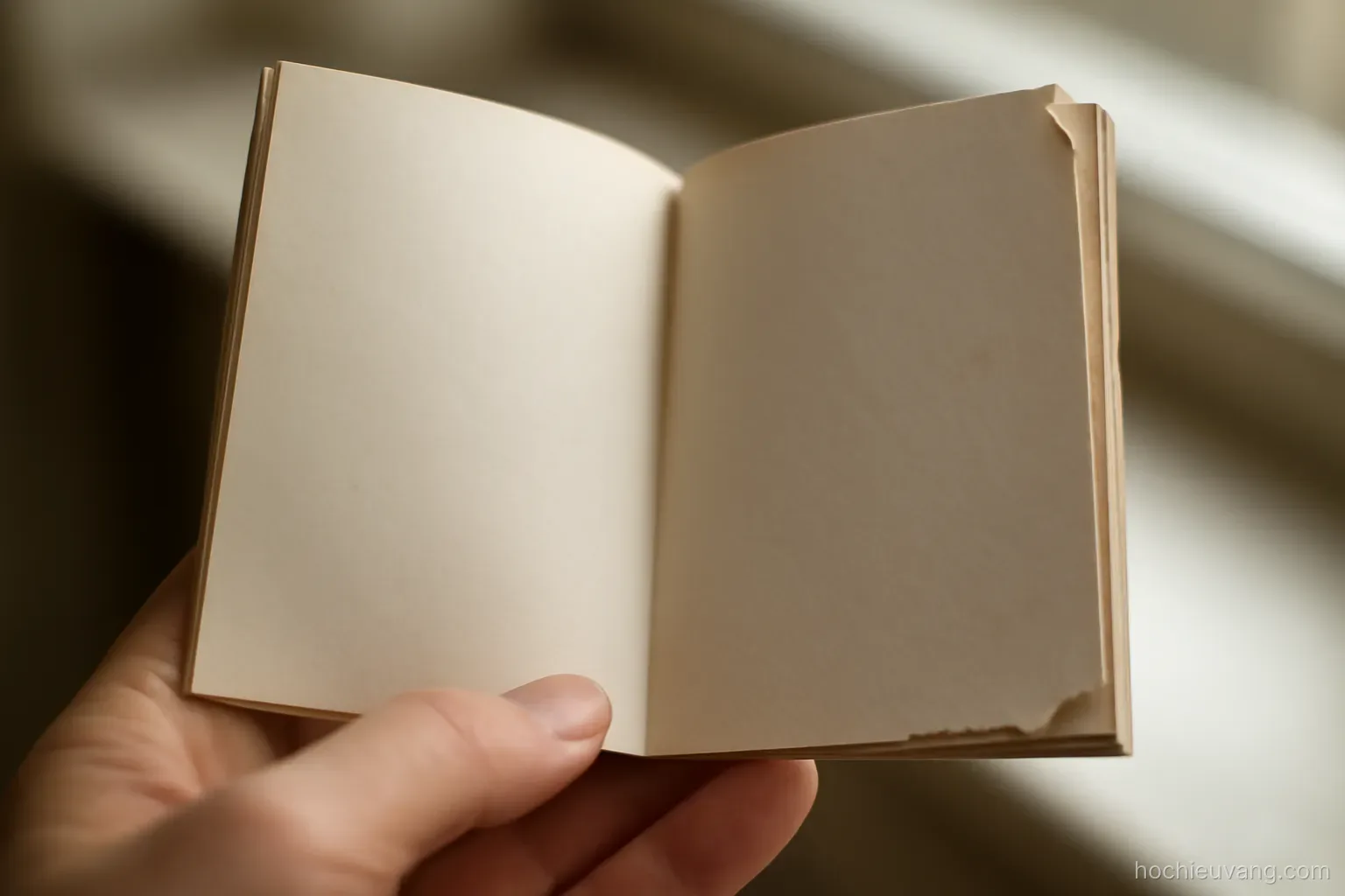 a booklet held open at an angle showing a torn corner and slightly warped inner pages