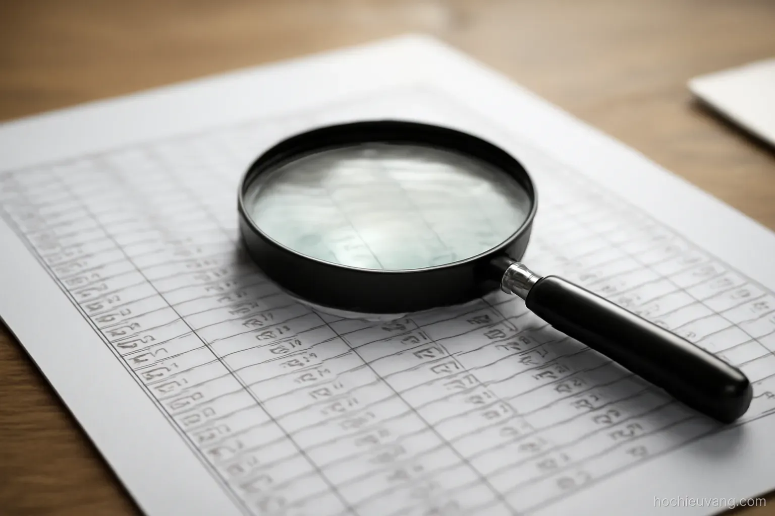 a printed chart on a desk with a magnifying glass resting on one column of figures