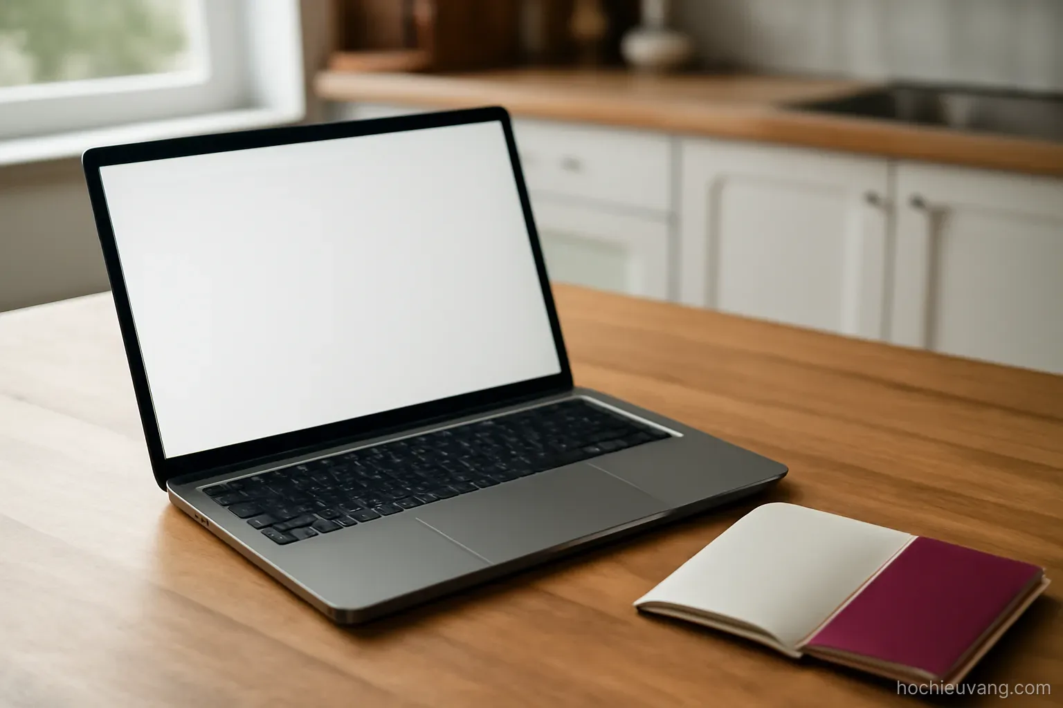 a laptop on a kitchen table showing a blank form layout with a passport open beside it