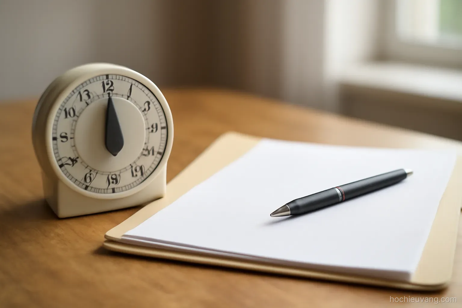 a kitchen timer beside an open folder of printed pages with a pen laid across the top sheet
