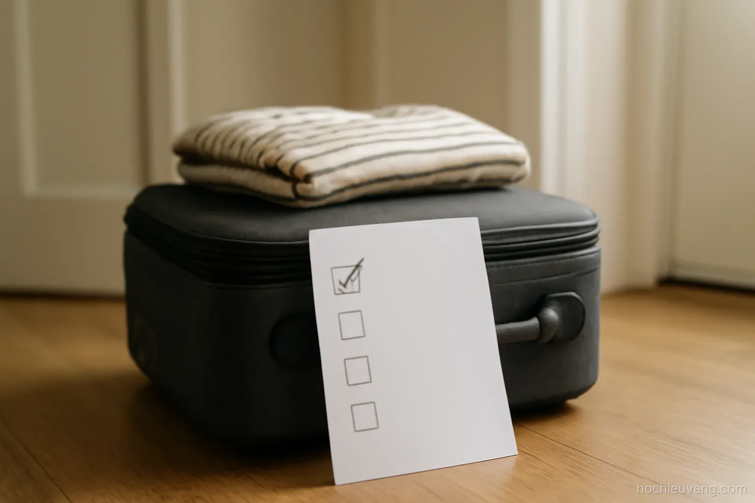 a short checklist written on a card propped against a packed carry-on bag by a door
