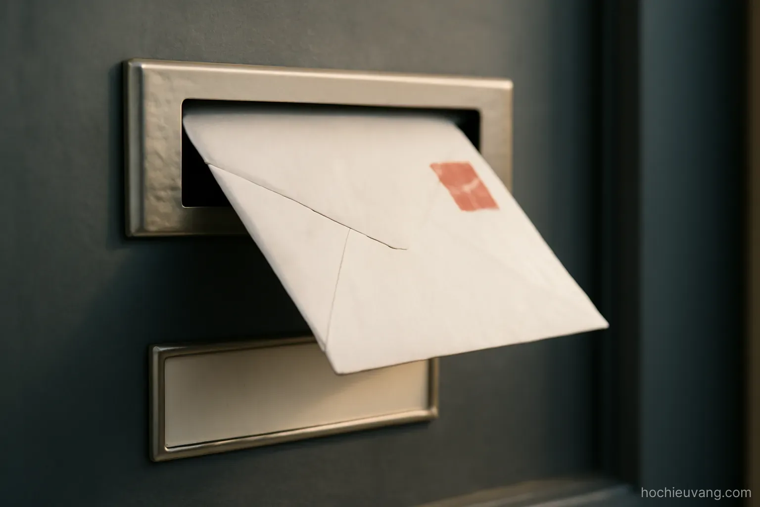 a stamped envelope half inside a mail slot with a reference number label left blank