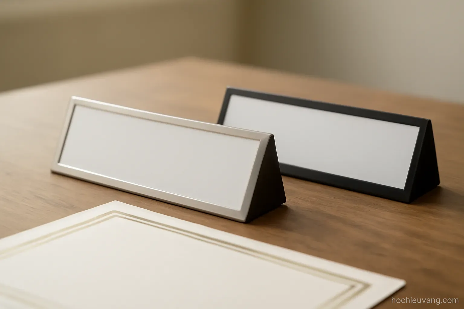 two name plates of different lettering lying beside each other on a desk with a certificate below