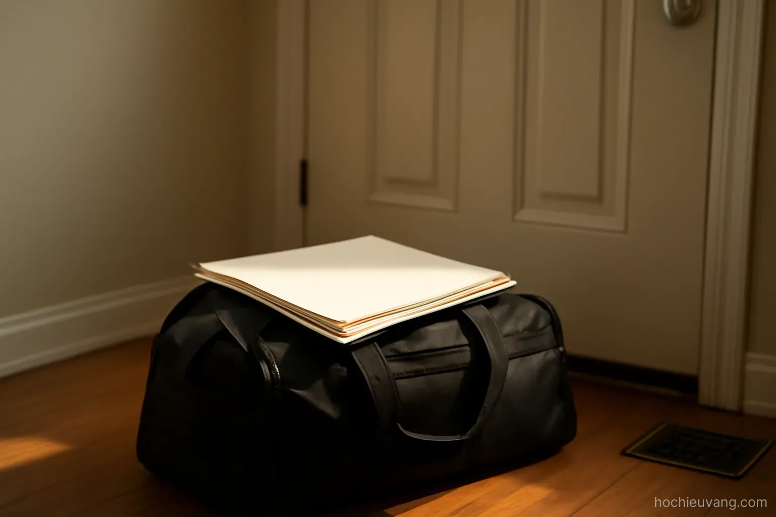a packed bag by a front door with a folder of papers resting on top of it in morning light