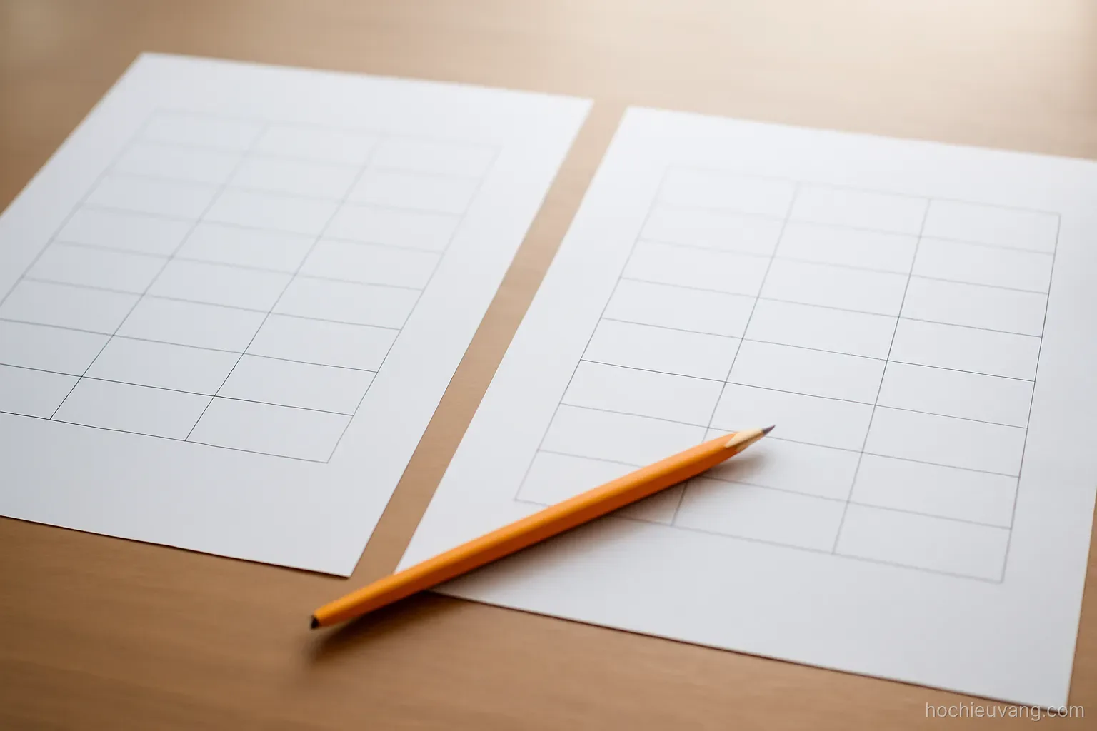 two printed tables lying side by side on a table with a pencil pointing between them