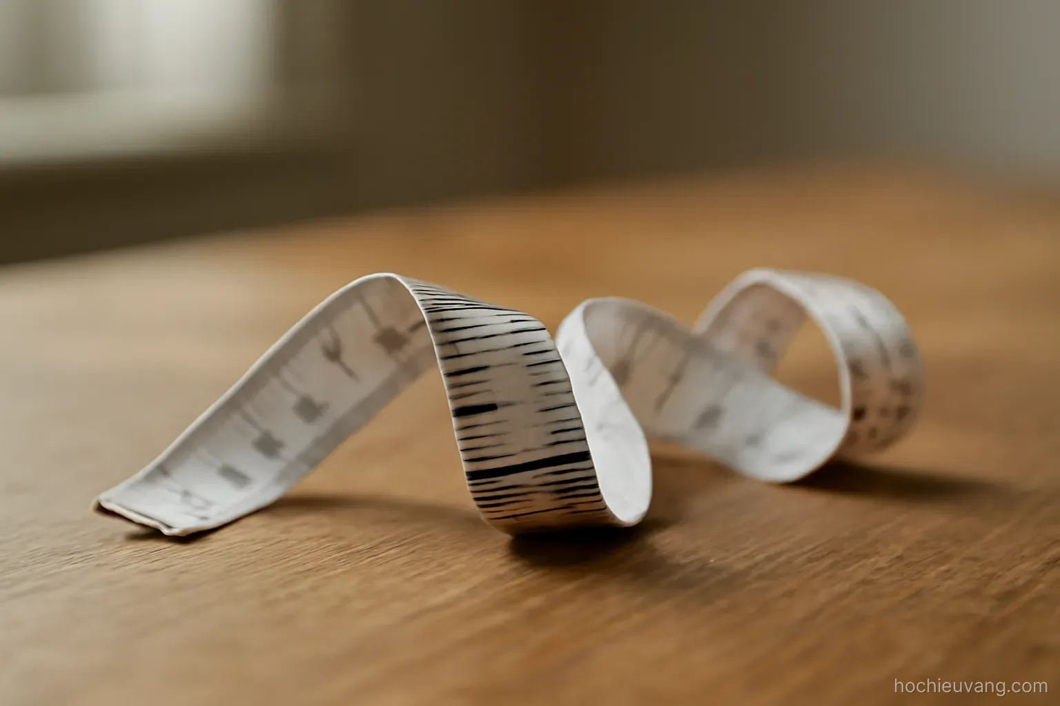 a single measuring tape lying curled on a table with its numbers facing away from view