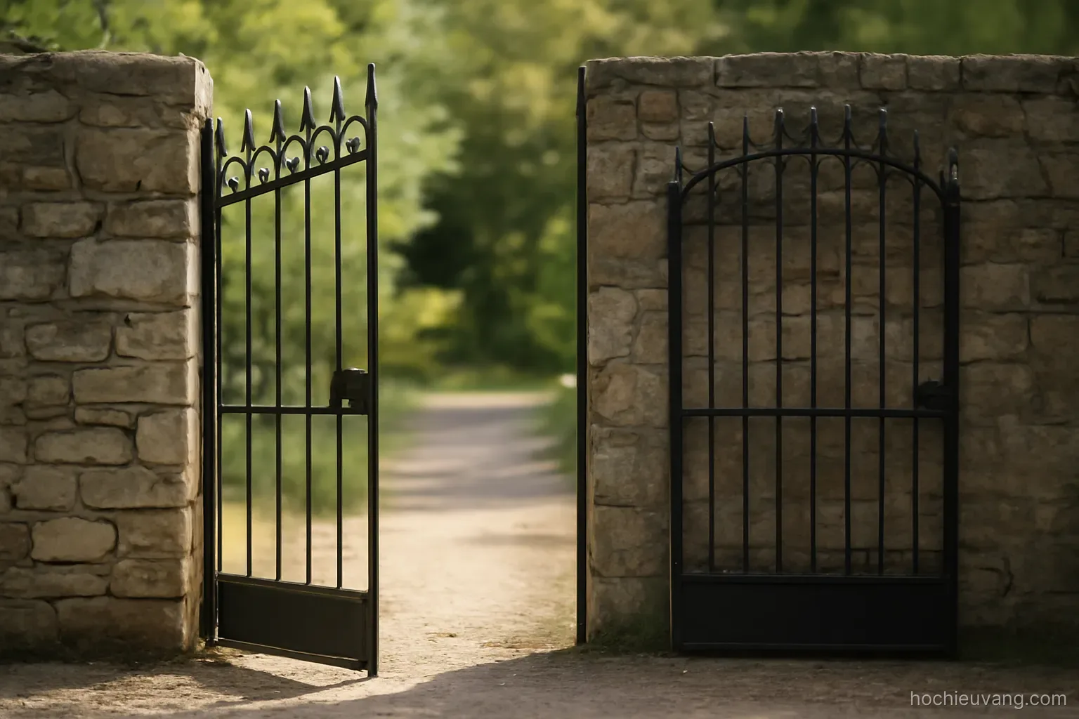 one open gate on the left side of a stone wall and a closed gate on the right side