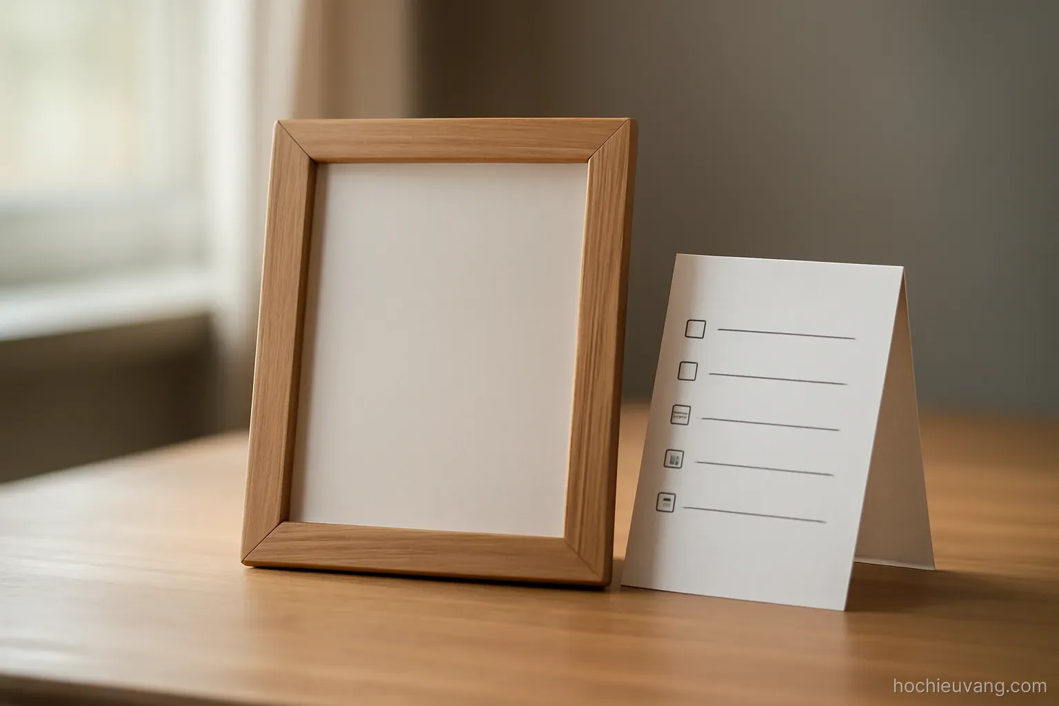 a simple wooden frame standing empty on a table with a folded checklist leaning against it