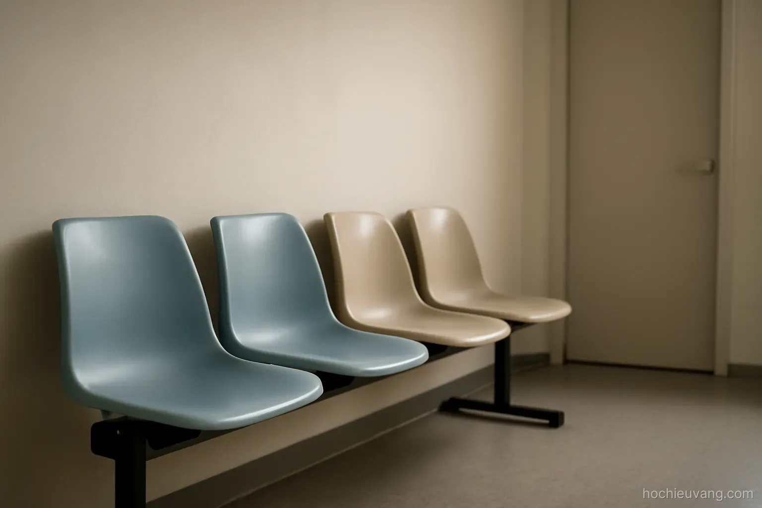 a row of plastic chairs against a plain wall in a small waiting room with a closed door