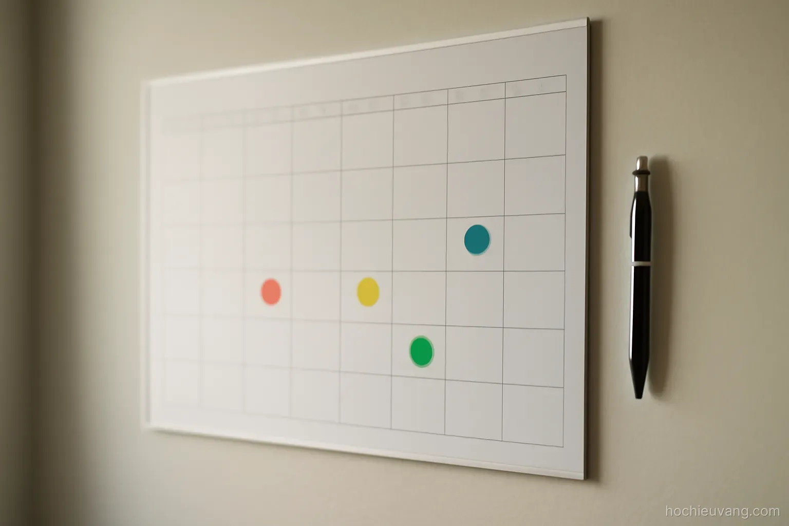 a wall planner with a few coloured stickers placed at intervals and a pen hanging beside it