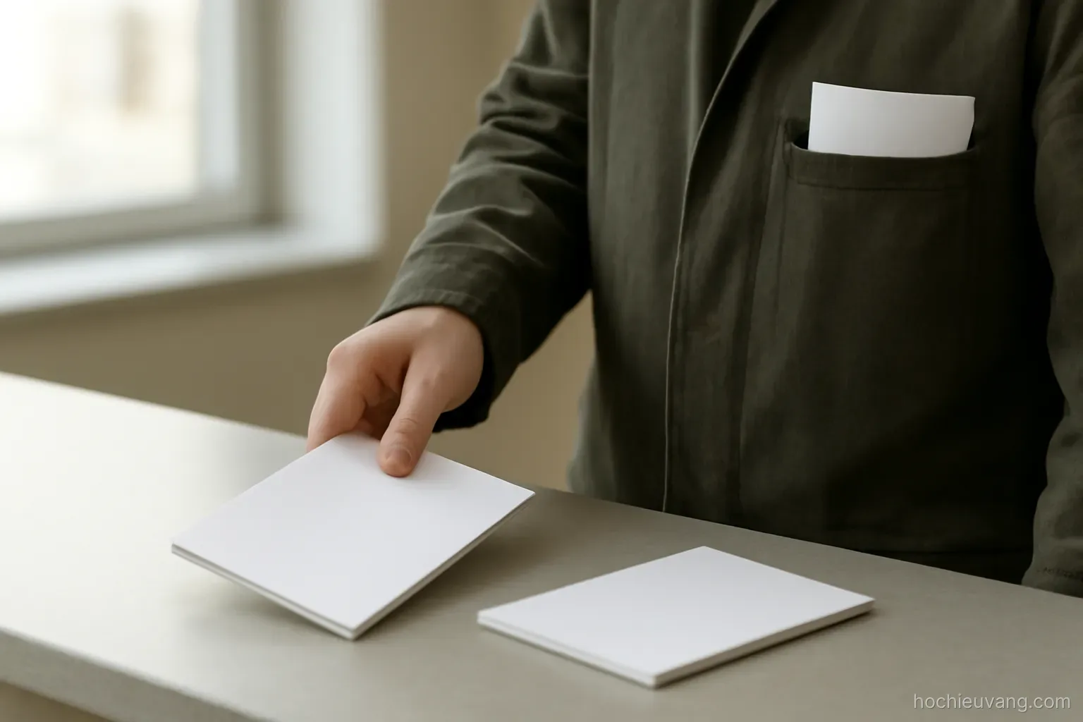 a hand placing one of two booklets onto a counter while the other stays inside a jacket pocket