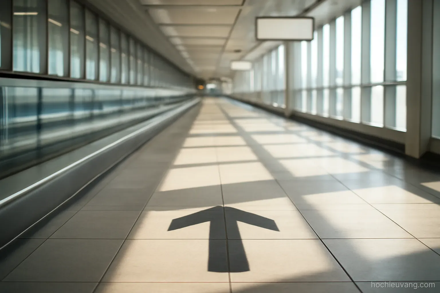a long airport corridor with moving walkway rails and directional arrow shapes on the floor