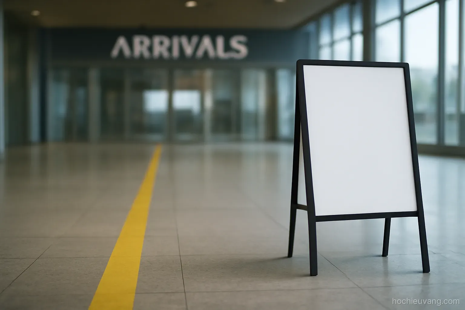 a painted line on the floor of an arrivals hall with a sign frame standing empty beside it