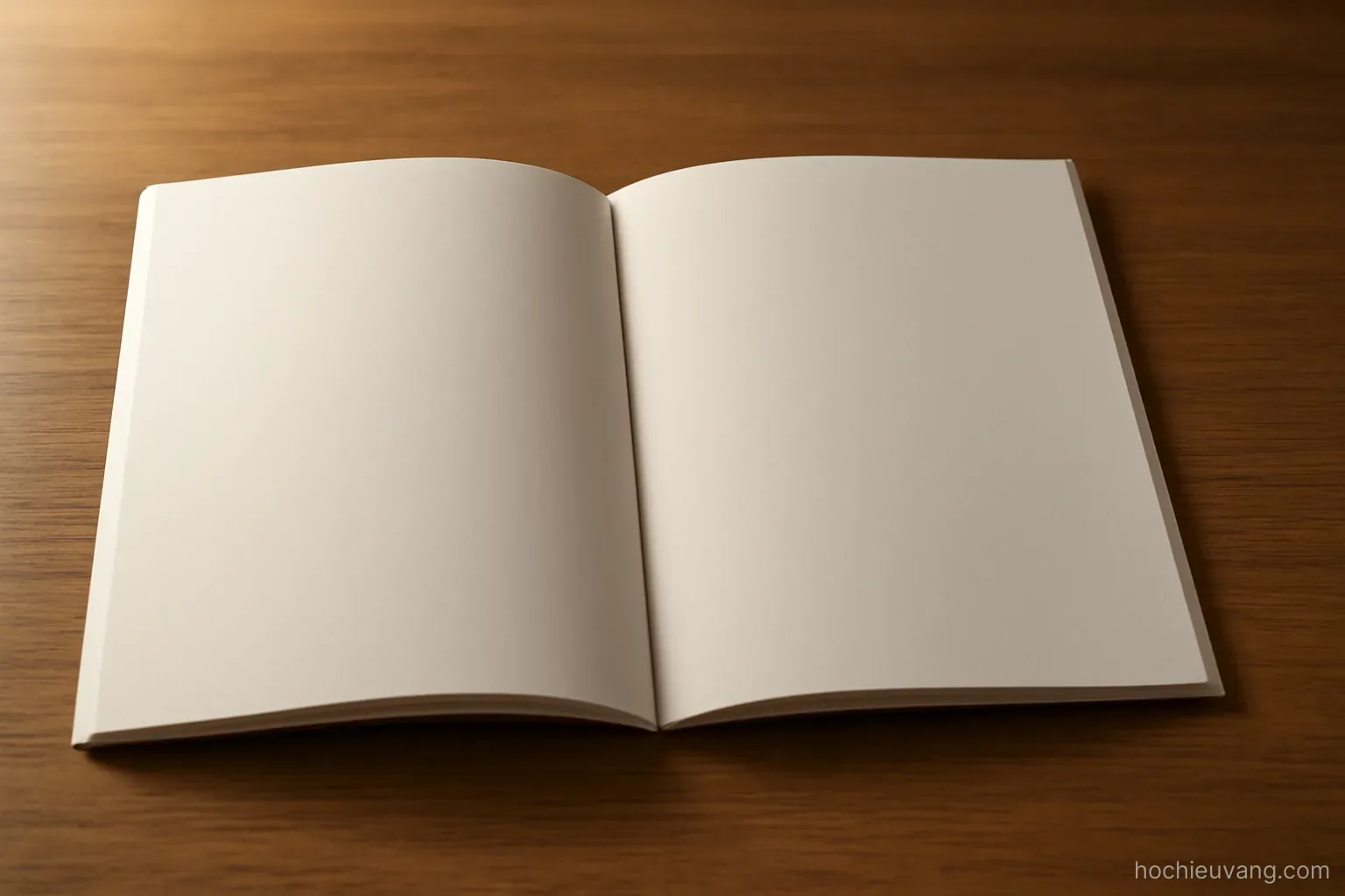 two identical booklets lying open side by side showing blank inner pages under desk light