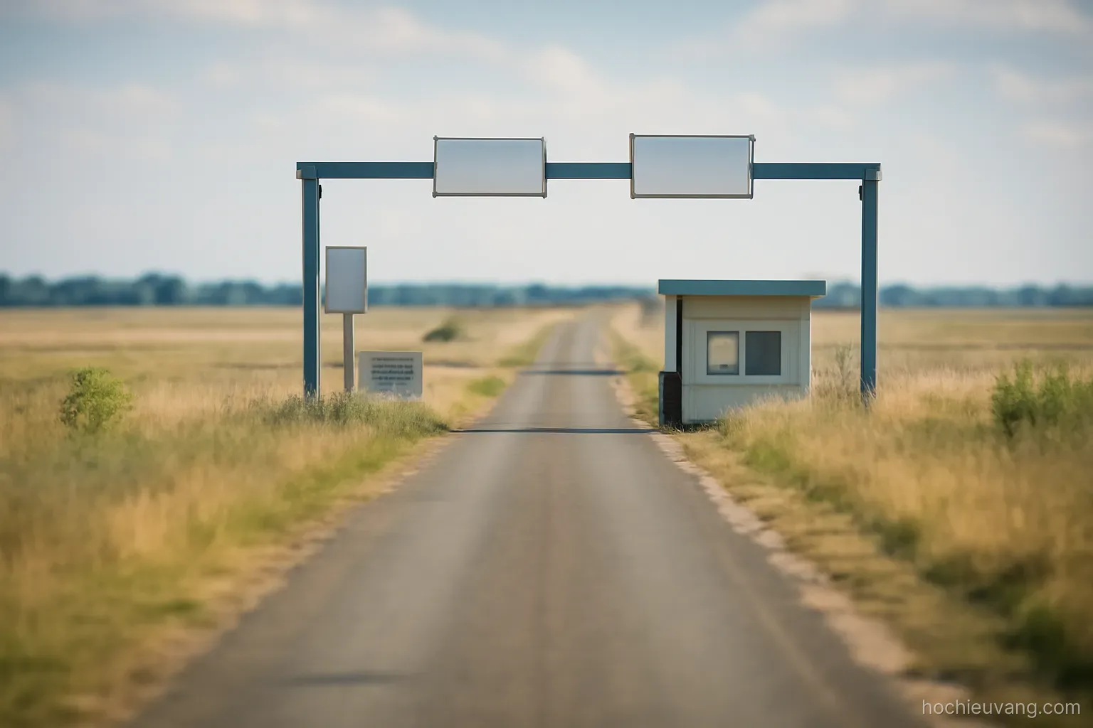 a border crossing gate viewed from a distance with a narrow road running through empty fields