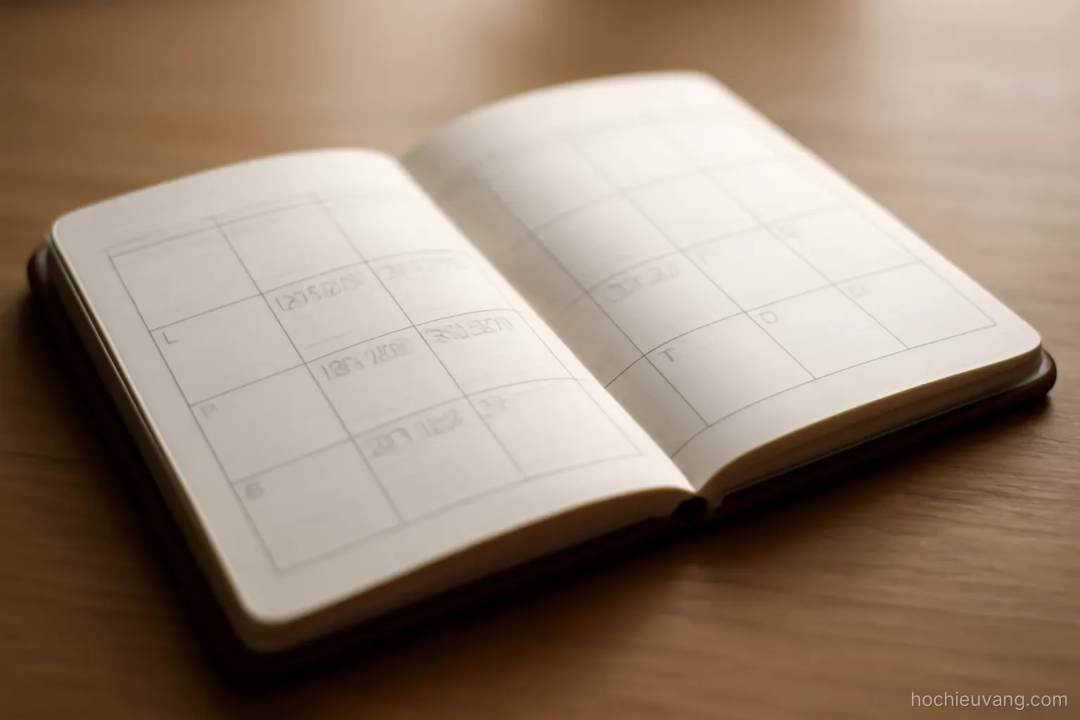 a pocket diary open on a table with several short date ranges marked in pencil across two pages