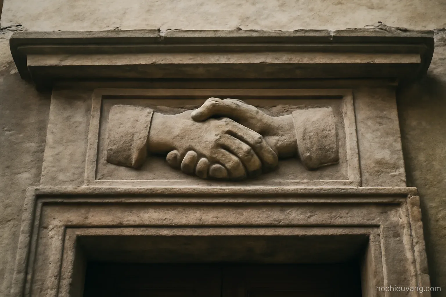 a handshake carved into a stone relief above an old doorway seen from below