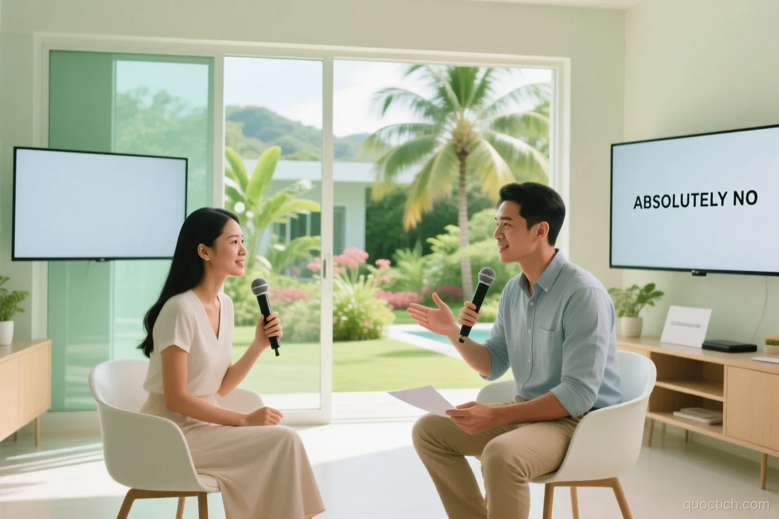 Vietnamese couple in smart casual clothes answering questions in a bright modern interview room with large windows overlooking a tropical garden in Roseau, Dominica, medium shot, soft green and cream tones