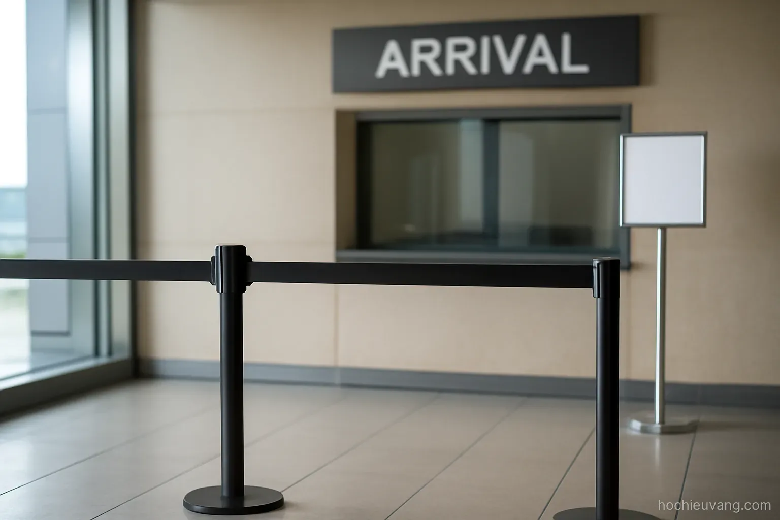 a queue barrier and a small service window in an arrivals hall with a sign frame left empty