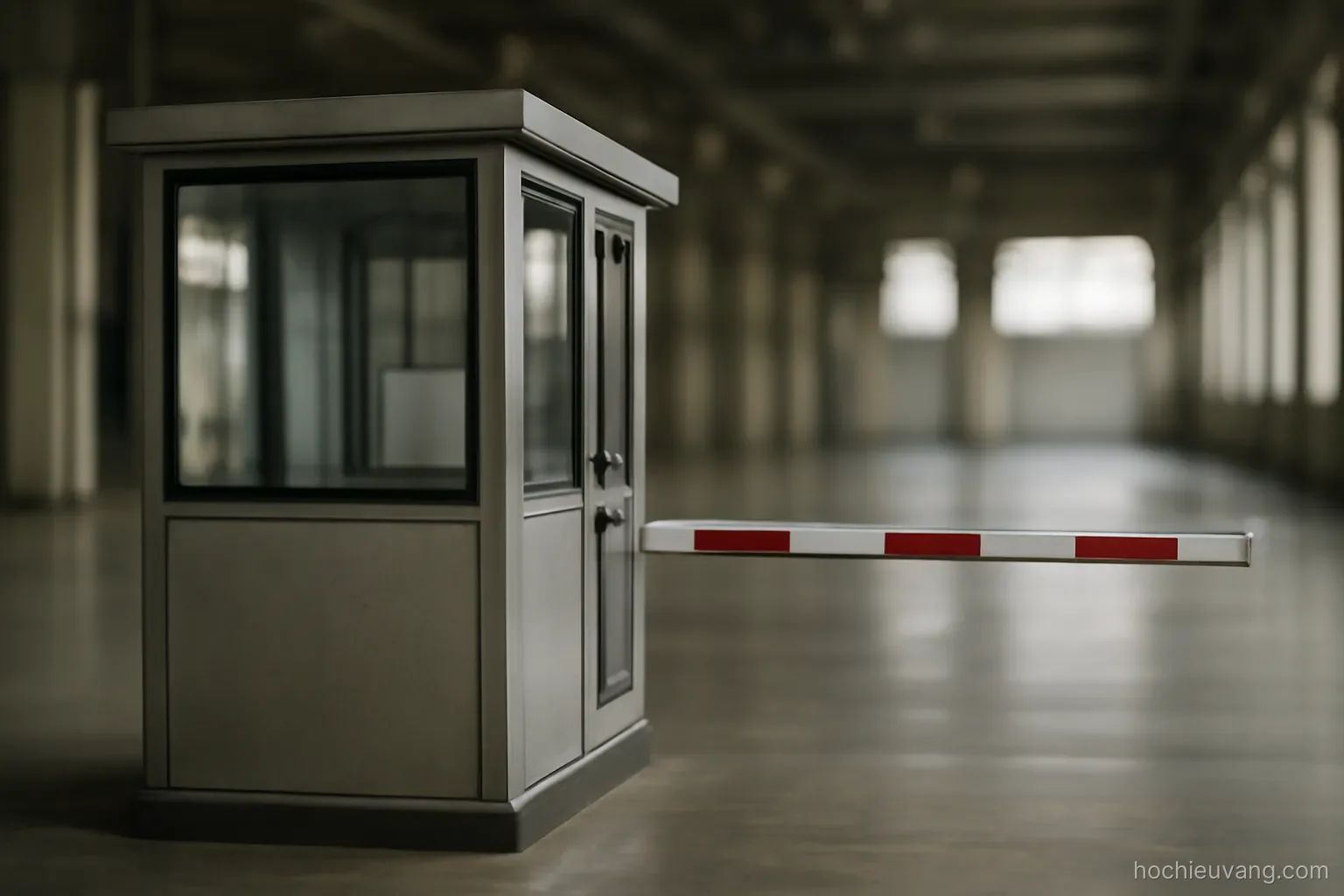 a narrow inspection booth with a raised barrier arm seen from the side in an empty hall