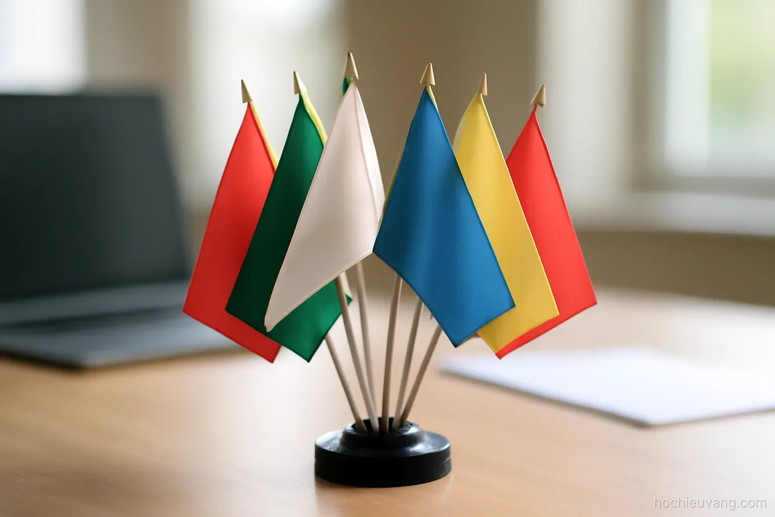 a group of small flags of no particular design standing together in a holder on a desk