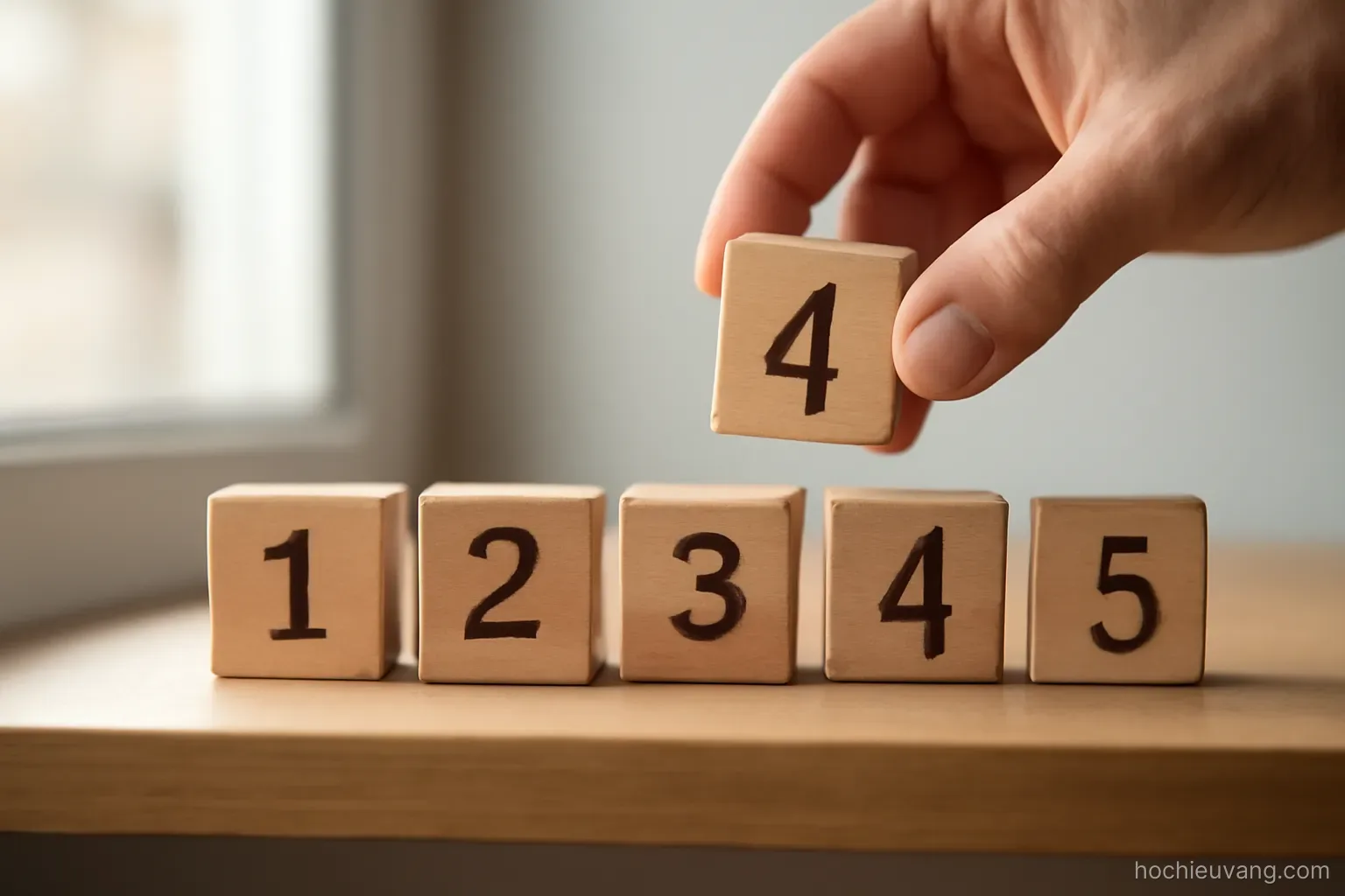 a row of numbered wooden blocks on a shelf with one block being lifted out by a hand
