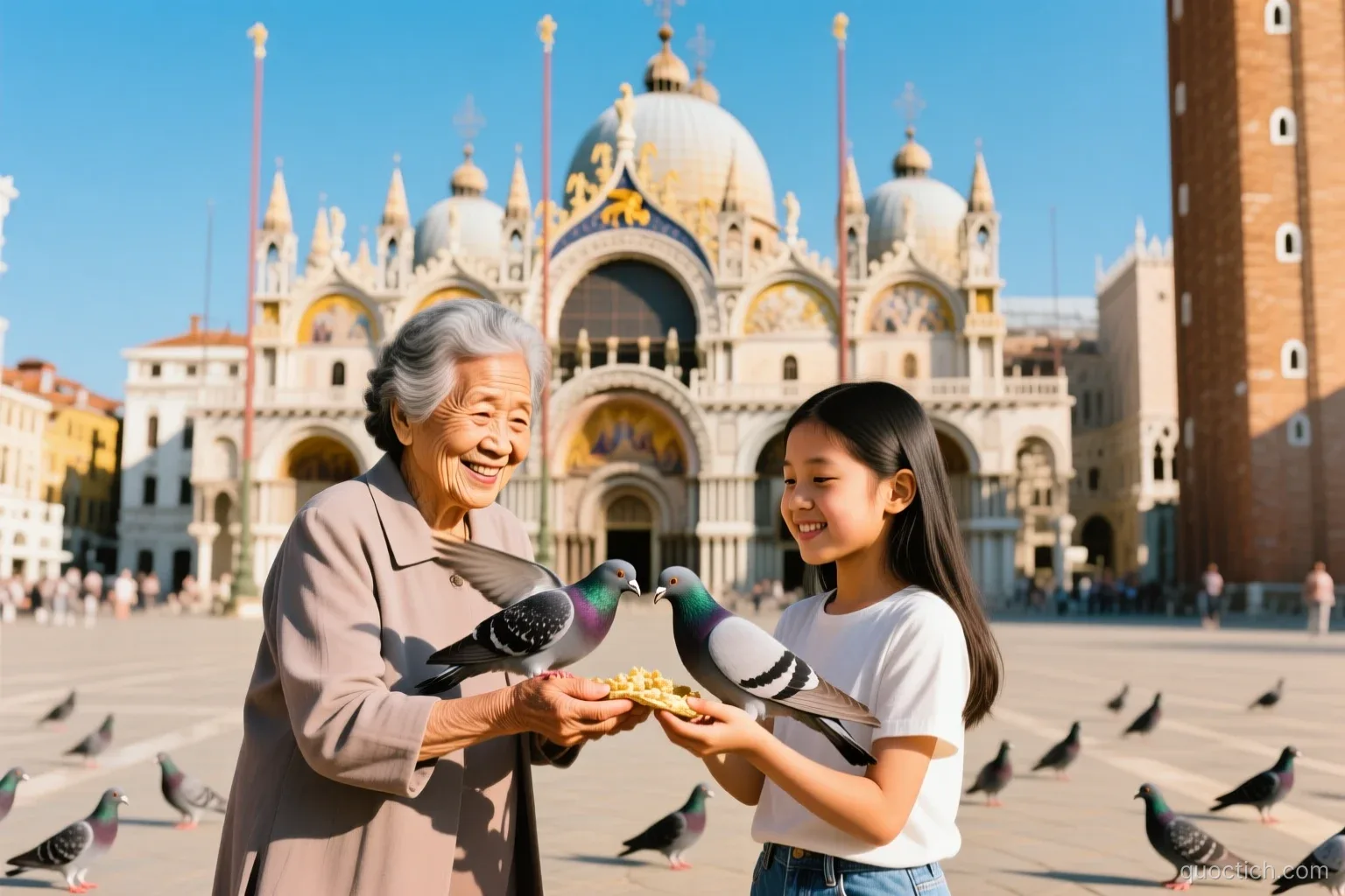 Smiling Vietnamese grandmother and granddaughter feeding pigeons in the sunny Piazza San Marco in Venice, Saint Mark's Basilica domes behind, medium-wide shot, warm gold and sky blue tones